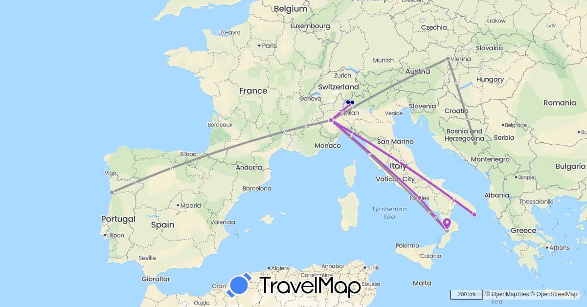 TravelMap itinerary: driving, plane, train in Austria, Bosnia and Herzegovina, Switzerland, Italy, Portugal (Europe)